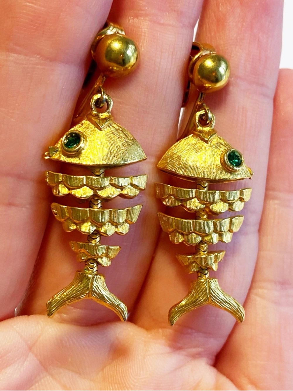 Vintage Gold-Tone Fish Dangle Earrings with Green Accents - Articulated Fish